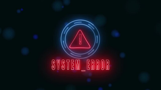 System error alert neon warning sign animation with red and blue glowing glitch effects in loop. Digital failure alert message animation with neon system error sign and glitch cyberpunk effects.