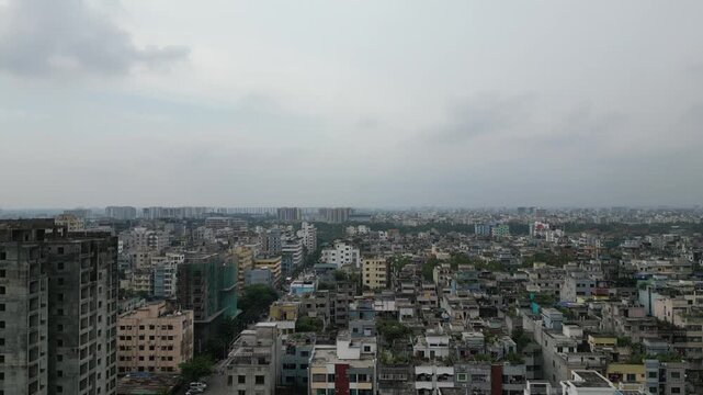 Aerial drone view of central Dhaka city skyline cinematic urban landscape Bangladesh 4K