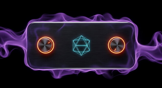 control panel with knobs and geometric shape illuminated with neon light effects