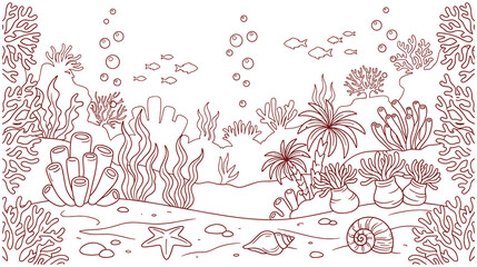 Underwater coral reef scene with seaweed and shells nautical background. © Amir