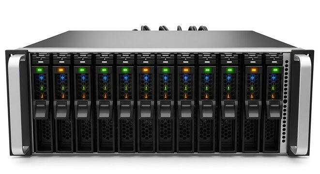 front facing storage server unit with illuminated drive bays on a white surface