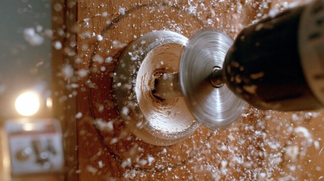 A door deadbolt lock installation drilling.