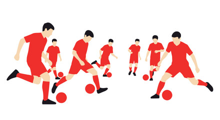 Fototapeta premium Soccer players in red uniforms dribbling and kicking balls, dynamic action illustration