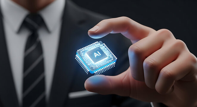 a human hand holding a glowing microchip with ai lettering close up view