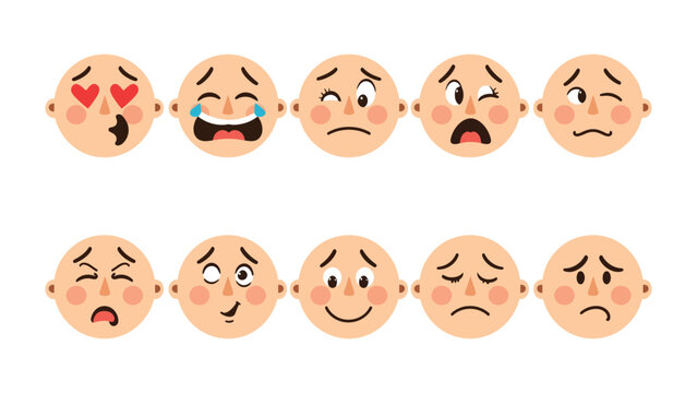 Expressions of Emotion: A spectrum of emotions is vividly displayed through a series of expressive faces, each conveying a distinct feeling and state of mind.