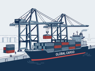 Fototapeta premium Industrial Cargo Port Illustration with Giant Gantry Cranes Loading Containers onto Global Cargo Freight Ship for Logistics and Supply Chain