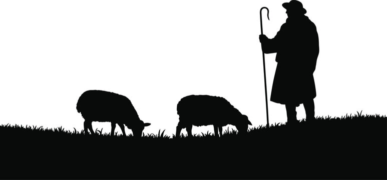 A lonely shepherd stands with his flock upon a grassy hill.