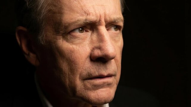 Mountain climber facing tall peak in cold weather concept. Close up portrait of serious mature man with deep wrinkles looking away on dark background