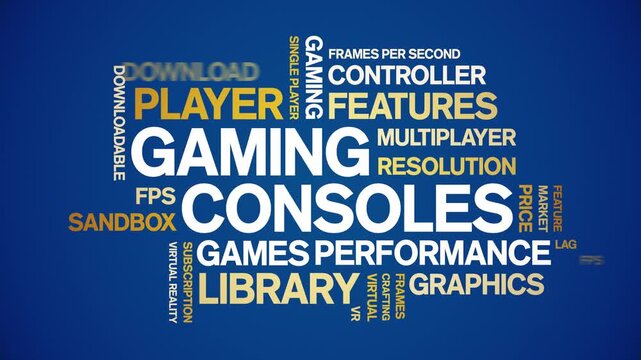 Gaming Consoles animated word cloud-gross domestic product animation tag kinetic typography seamless loop.