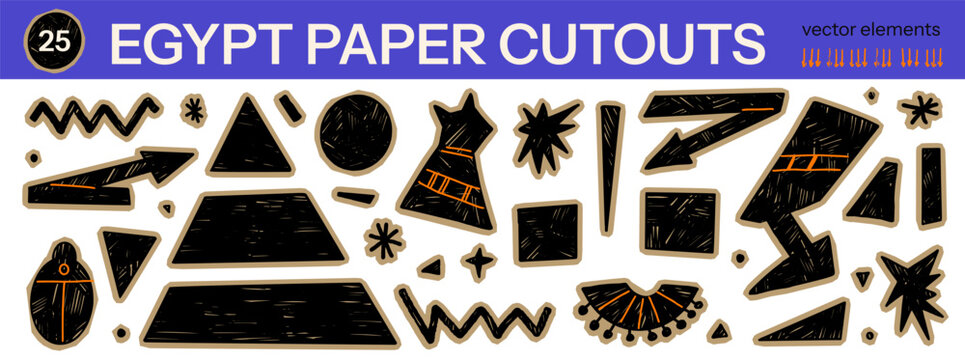 Egypt sticker and cutout paper with geometric shape and pencil crayon texture. Collage Egypt pyramid text box for ancient scrapbook. Bold black vector sticker set with handmade abstract doodle.