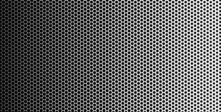 Carbon fiber honeycomb pattern with hexagon background for tech and sport design. Black texture with nano gradation fading across the grid. Geometric fiber vector honeycomb for futuristic design.