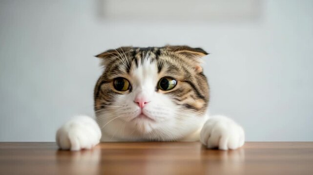 Closeup portrait of an adorable scottish fold cat with big expressive eyes looking over a wooden table edge