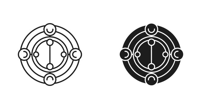 Abstract circular network node icon set featuring interconnected dots and rings in line art and solid glyph styles for connectivity data science and technology infrastructure branding