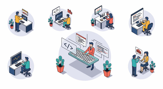 Futuristic Software Development Team Working On Modern Web And Mobile App Digital High Tech Concept