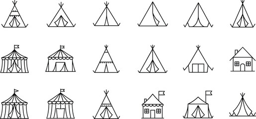 Tent And Camping Line Icon Set Featuring Teepee Circus Tents And Outdoor Shelter Elements For Travel Adventure And Camping Design Use. © Lipi