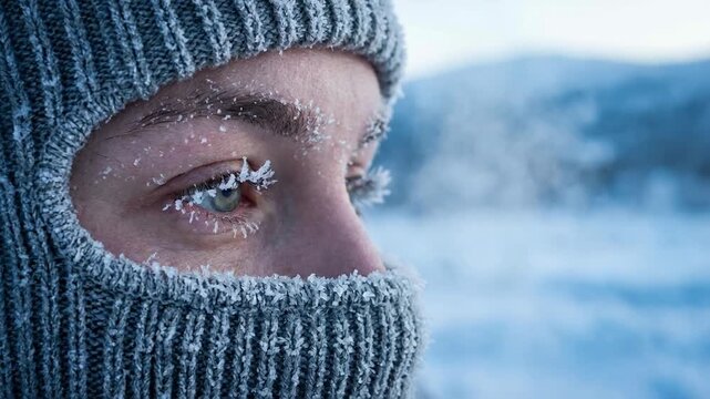 Close up of person in winter gear with frosted eyelashes and knit balaclava in cold snowy landscape