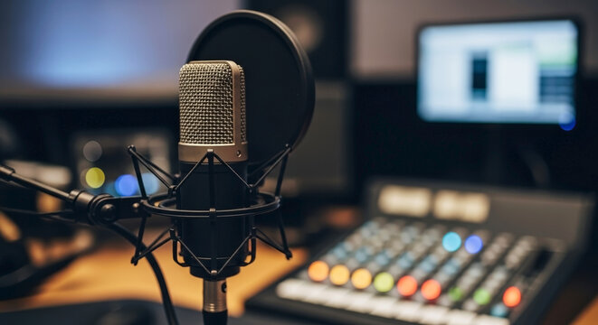 Close up shot of professional radio station studio microphone with sound mixer. Radio station studio features modern audio recording technology and control panel.