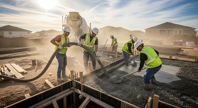 construction workers pouring concrete foundation.