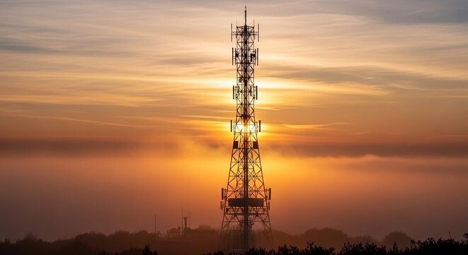 Radio tower at sunrise silhouetted against radiant orange sky. Telecommunication infrastructure stands tall, a prominent radio tower at sunrise, with antennas radiating signal.