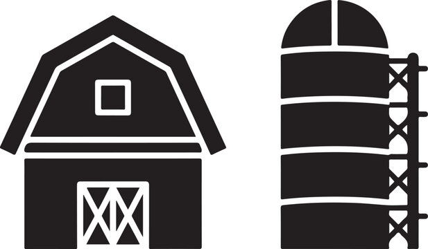 Black and white set featuring a traditional wooden barn with a square window and a tall cylindrical farm silo with a ladder