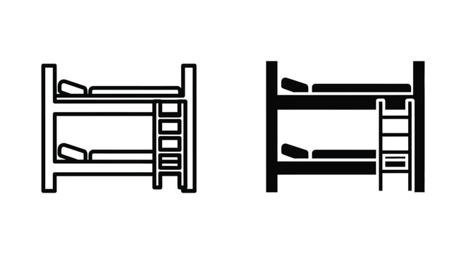 Bunk bed icon in outline and solid fill styles representing sleeping arrangements for hostels dormitories and child rooms