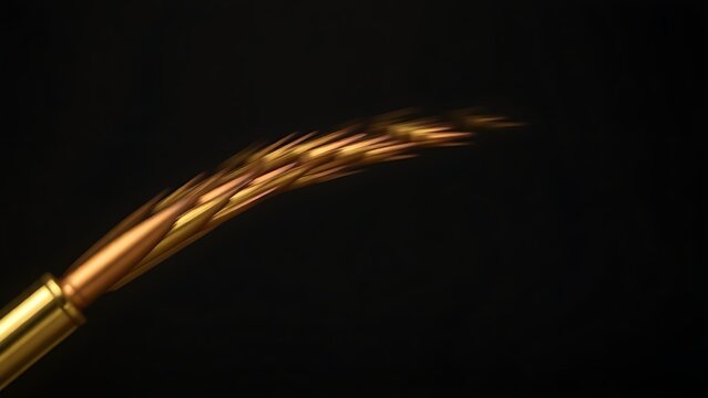 Golden bullet casings ejected in a parabolic arc against a dark background.