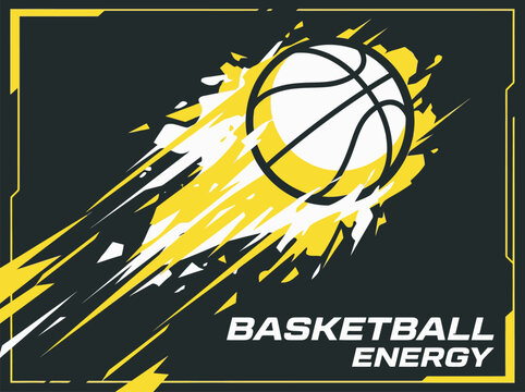 Basketball Energy Sport Poster Design with Flying Ball and Explosive Yellow Motion Trails on Black Background