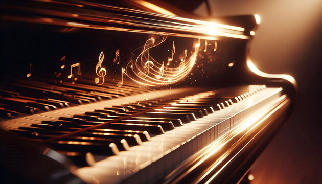 A classical grand piano keyboard with black and white keys blends with elegant musical notes to create an antique jazz art sound