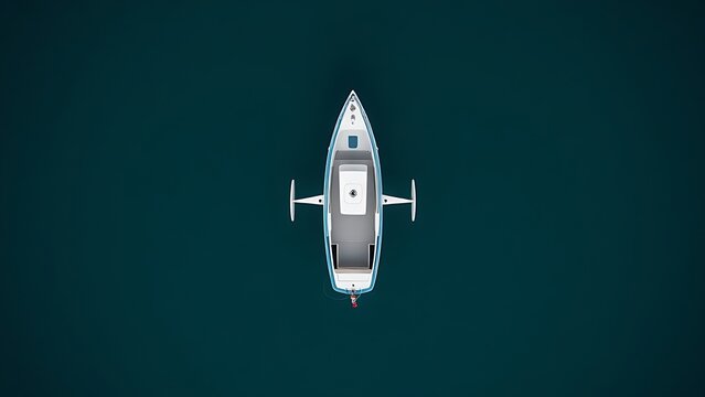 Top-down view of a boat hull with symmetrical outriggers on calm water, minimalist geometric shape.