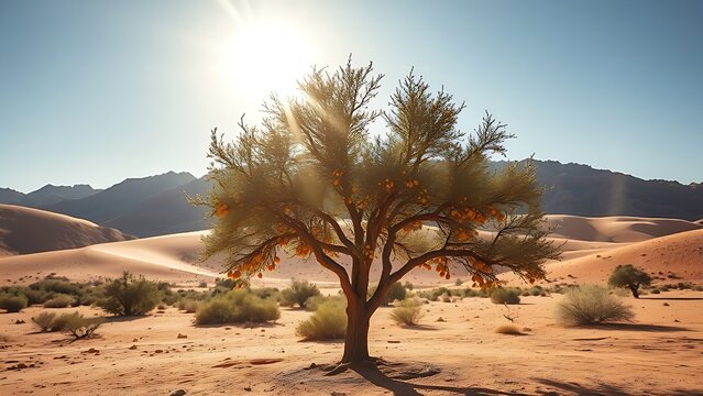 Solitary argan tree with golden fruits in a Moroccan desert landscape.