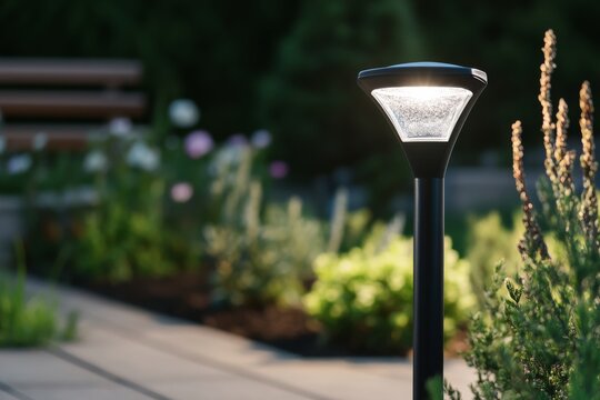 Close up of outdoor led solar lamp with motion sensor lighting up garden path at night