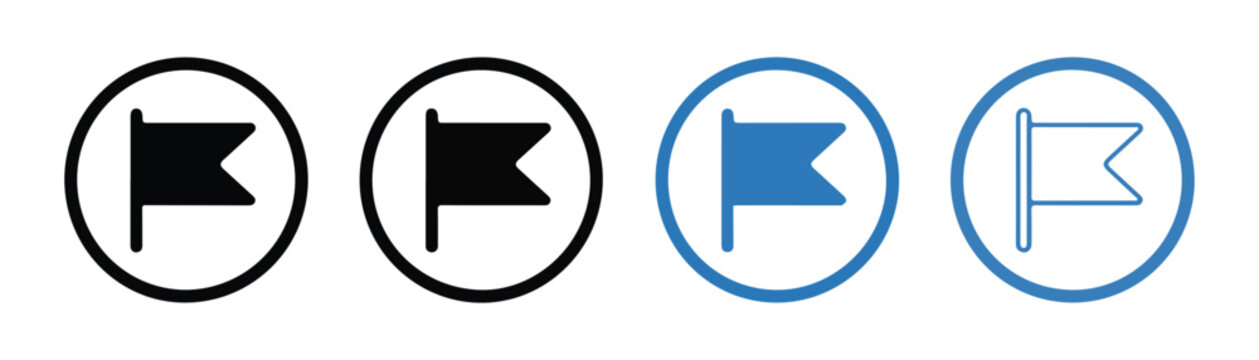 Set of four flag icons in circles black and blue solid and outline symbols.