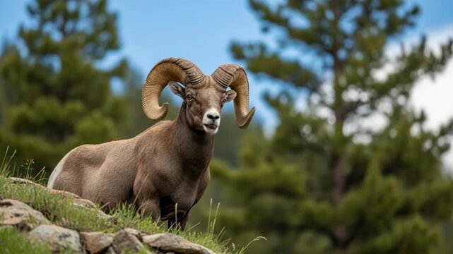 Bighorn sheep standing on a rocky hillside in a forest setting