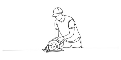 Continuous line drawing of a builder using a circular saw © JCS Graphic Design 