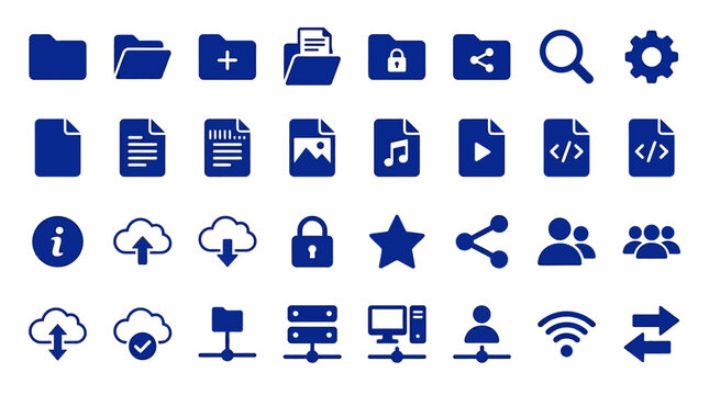 Blue solid icons for digital operations, security, sharing, and web development in a clean flat design style on an isolated white background.