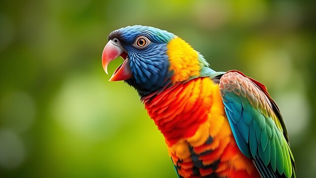 A vibrantly feathered parrot perched on a branch with its beak open.