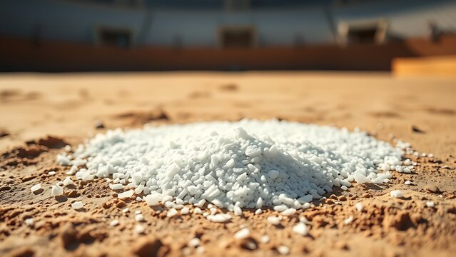 White salt scattered on a sumo ring's clay surface, glistening in symbolic ritual sunlight.