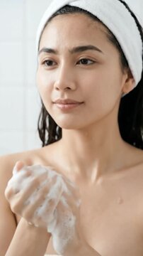 Beautiful woman is washing her face with soap 