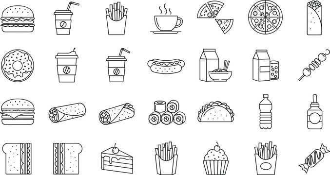 Fast Food And Snack Line Icon Set Featuring Burger Pizza Fries Coffee Donut And Street Food Elements For Restaurant Menu Design Use.