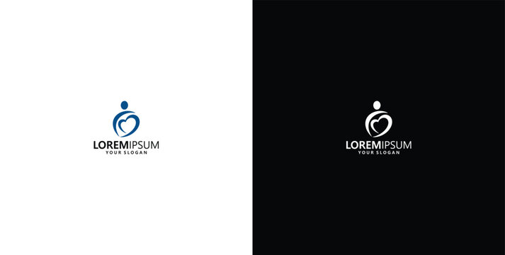 Abstract heart shape logo concept with human silhouette and placeholder text on white and black backgrounds