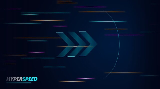 A dark blue abstract background with a large teal arrow and colorful lines moving quickly, conveying a sense of speed and technology.