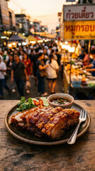 Obraz premium Crispy pork belly with dipping sauce and fresh herbs served on plate at bustling outdoor market during warm evening light, capturing vibrant street food culture and lively atmosphere