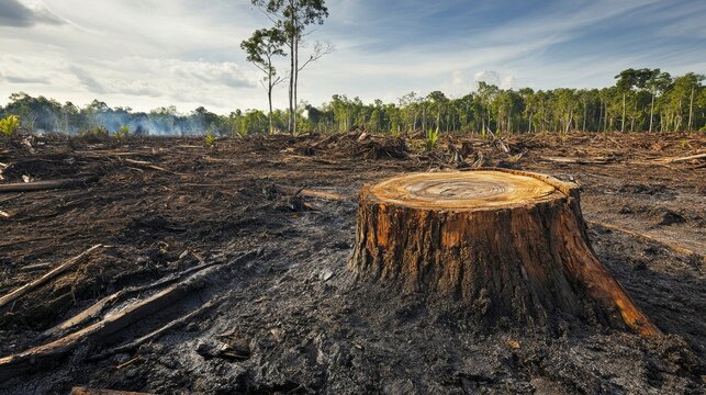 Clear-cut rainforest area shows large tree stump and charred ground after deforestation activity in the forest