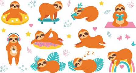 Fototapeta premium Cute Sloth Cartoon Illustration Set Featuring Relaxing Sleeping Reading And Yoga Poses With Tropical Elements For Kids And Fun Design Use.