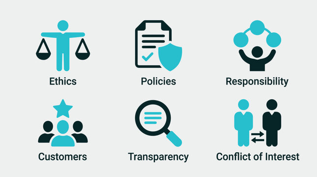 Vector graphic illustration of Business ethics and policies icons set Vector