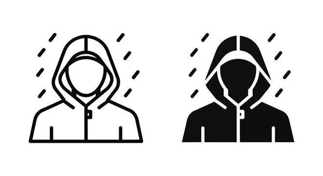 Person wearing a hooded jacket under falling rain icon representing weather protection outdoor activities and rainy day resilience