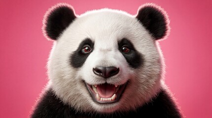 Obraz premium Shocked panda with big eyes on pink background concept. A joyful panda with a bright, cheerful expression.