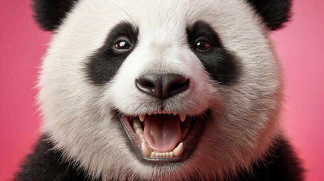 Shocked panda with big eyes on pink background concept. A joyful panda smiling brightly against a pink backdrop.