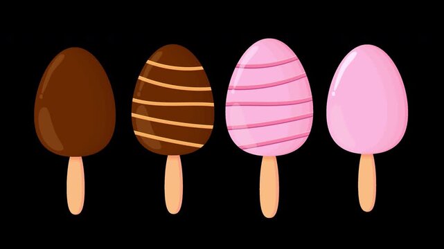 Animated popsicles set with smooth scale-up sequence effect, colorful summer ice cream icons on transparent background.