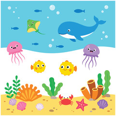 Fototapeta premium Happy marine animals swimming in clear ocean water with bright sea floor.